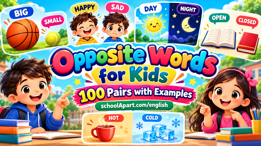 Opposite Words for Kids: 100 Pairs with Examples